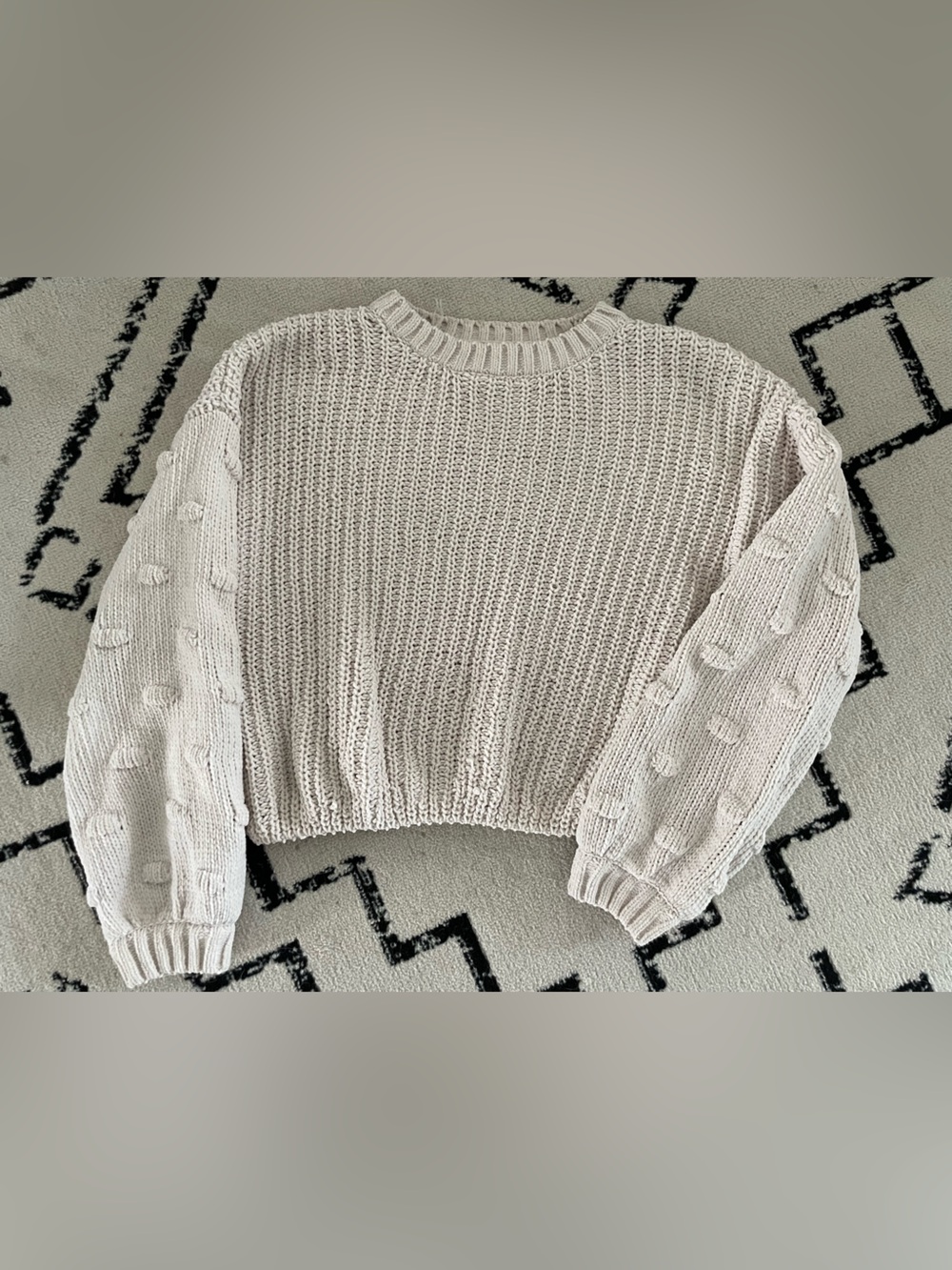 Cream Textured Knit Sweater with Bubble Sleeves